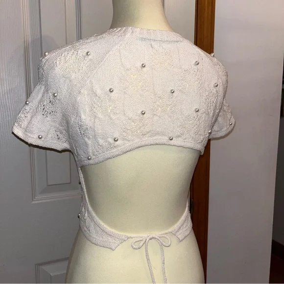 Zara Open Back Pearl Embellished Knit Crop Short Sleeve Top - Picture 6 of 11